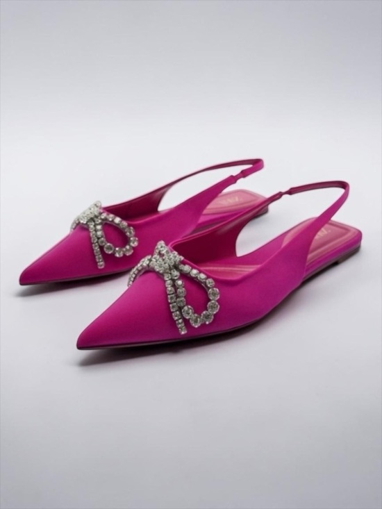 Zara Shoes - Zara Pink Satin Slingback Flats Crystal Bow Pointed Toe Size 9 NWOT